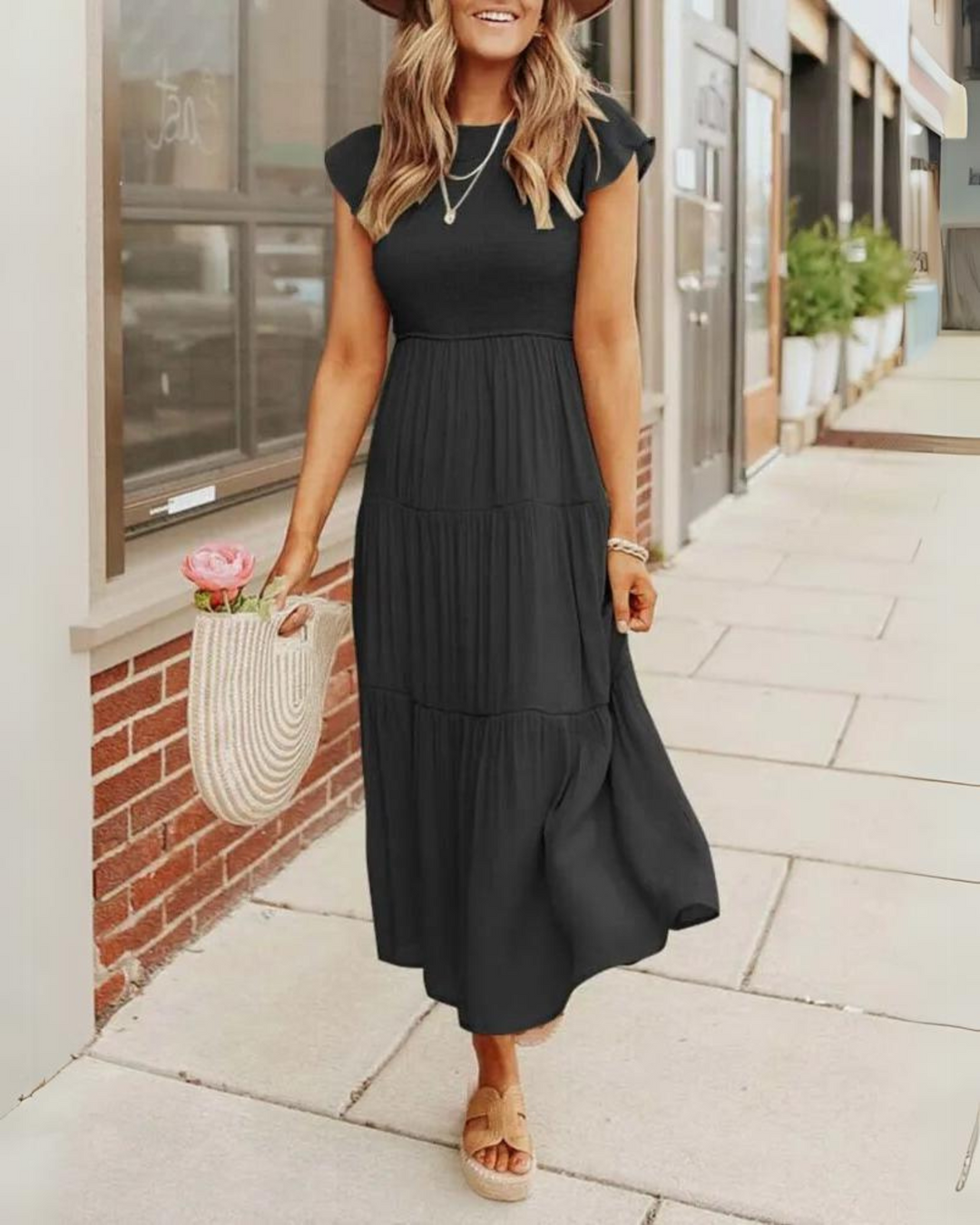 Francesca | Tiered Black Midi Dress