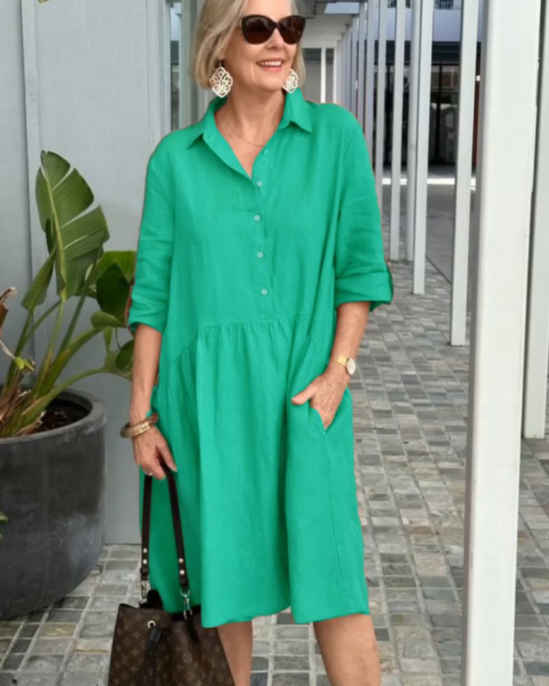 Carmen | Emerald Linen Shirt Dress