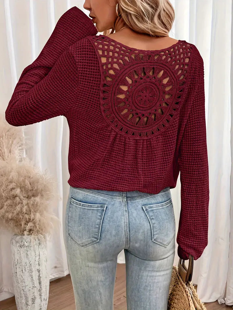 Elle | Crochet Back Waffle Knit Top