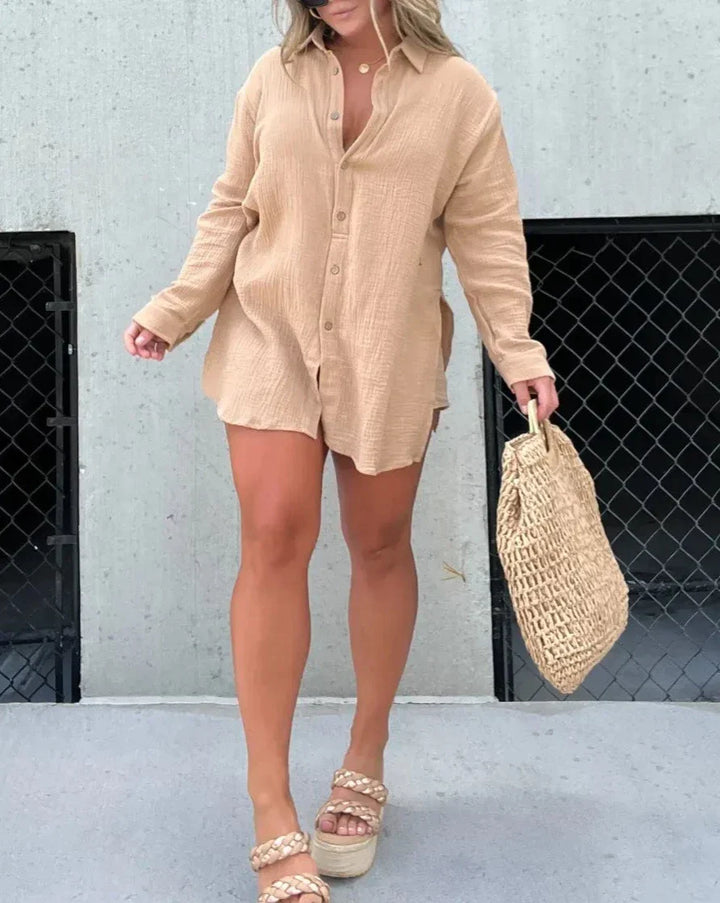 Federica | Beige Button-Up Shorts Set