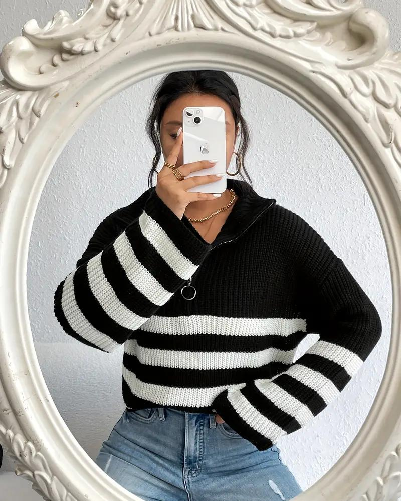 Liorna | Striped Zip-Up Sweater