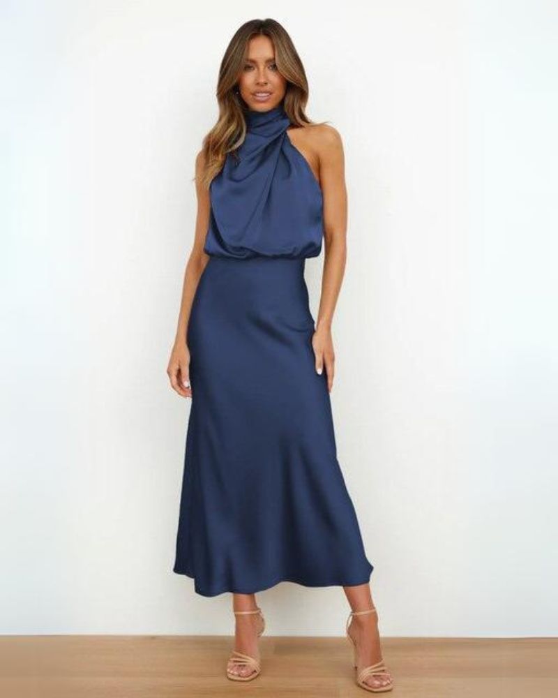 Isandra | Navy Satin Halter Dress